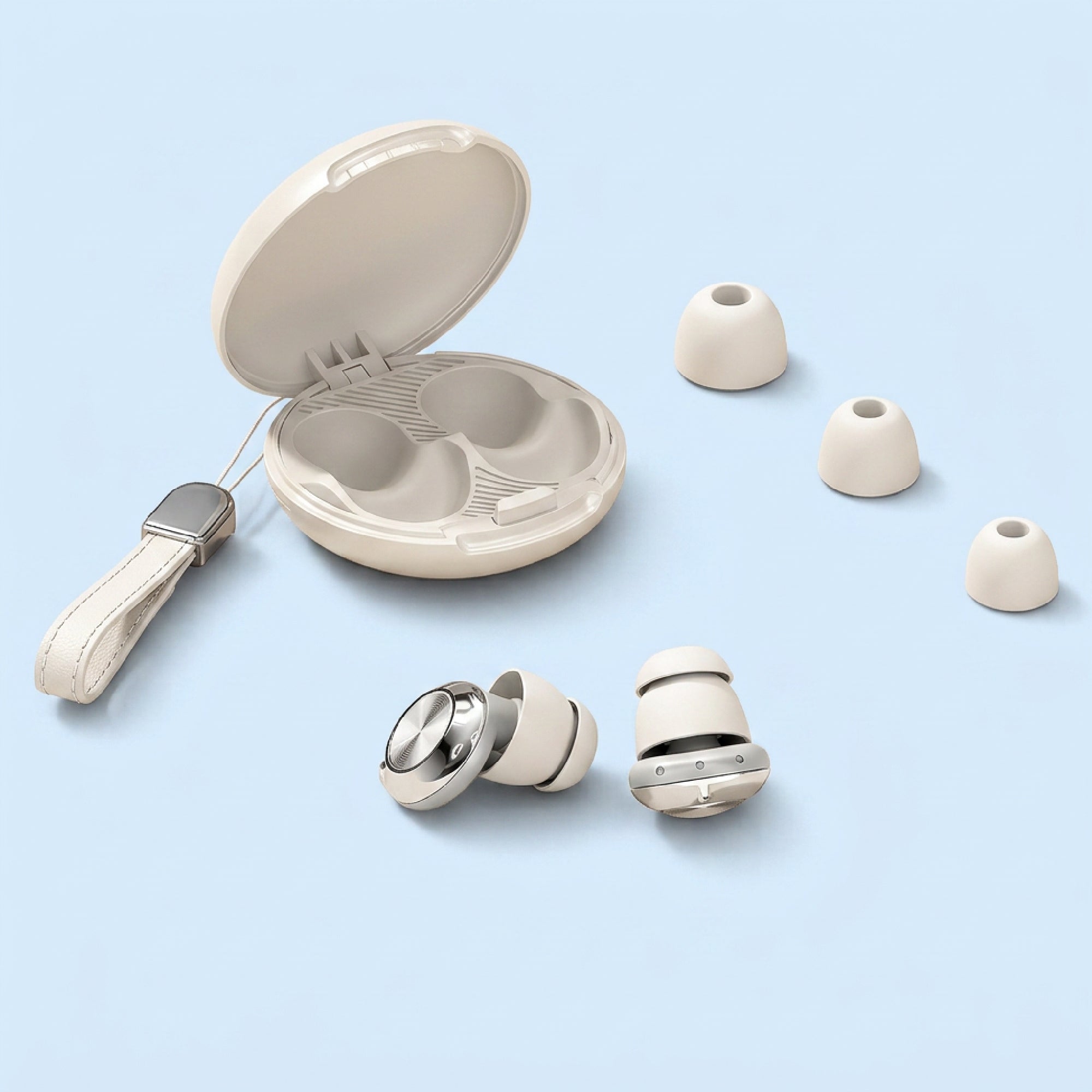 Beige wireless earbuds with charging case on a light blue background