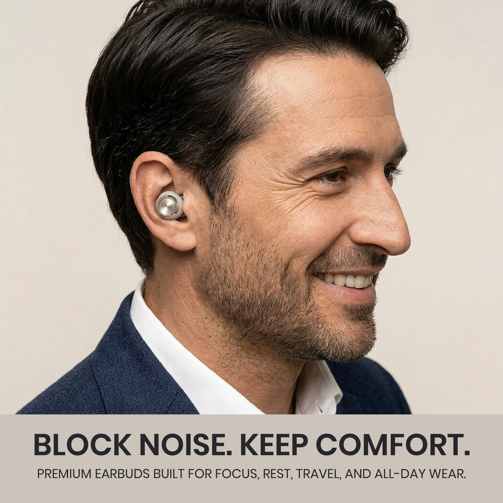 Man wearing earbuds with text 'Block Noise. Keep Comfort.' on a beige background