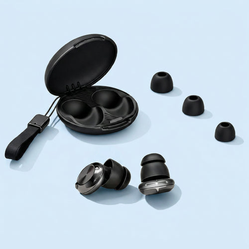 Black wireless earbuds with charging case on a light blue background