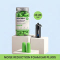 Hushy noise reduction foam ear plugs with packaging and ear plugs on a light green background