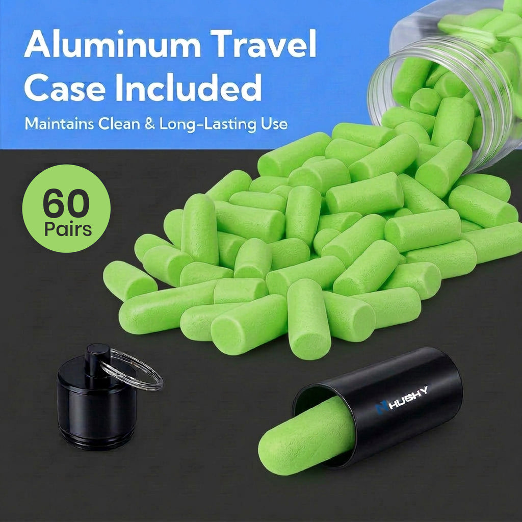 Green earplugs with a black case and 'Hush' branding, set against a dark background.