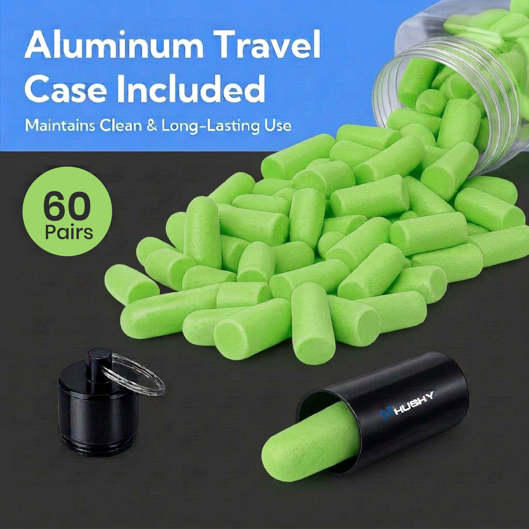 Green earplugs with a black case and 'Hush' branding, set against a dark background.