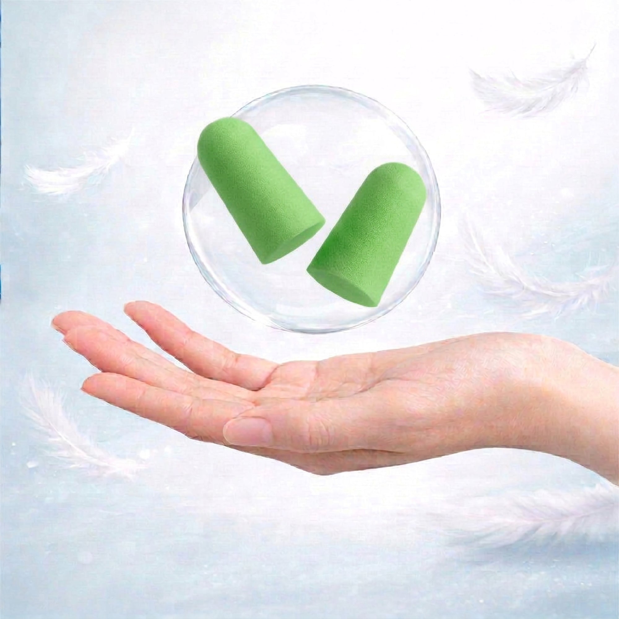 Green earplugs in a clear plastic case held in a hand against a light blue background