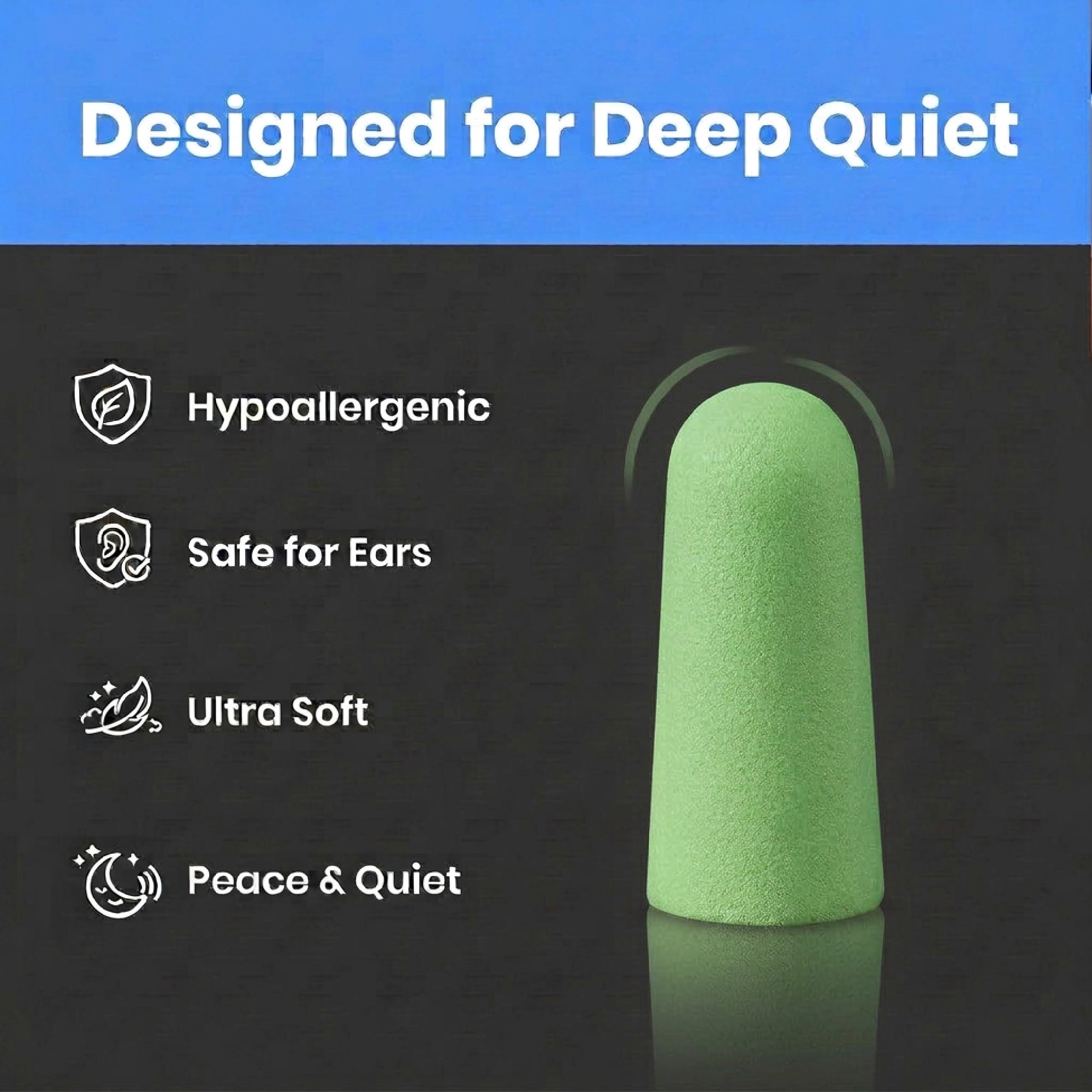 Green earplug with features listed on a dark background