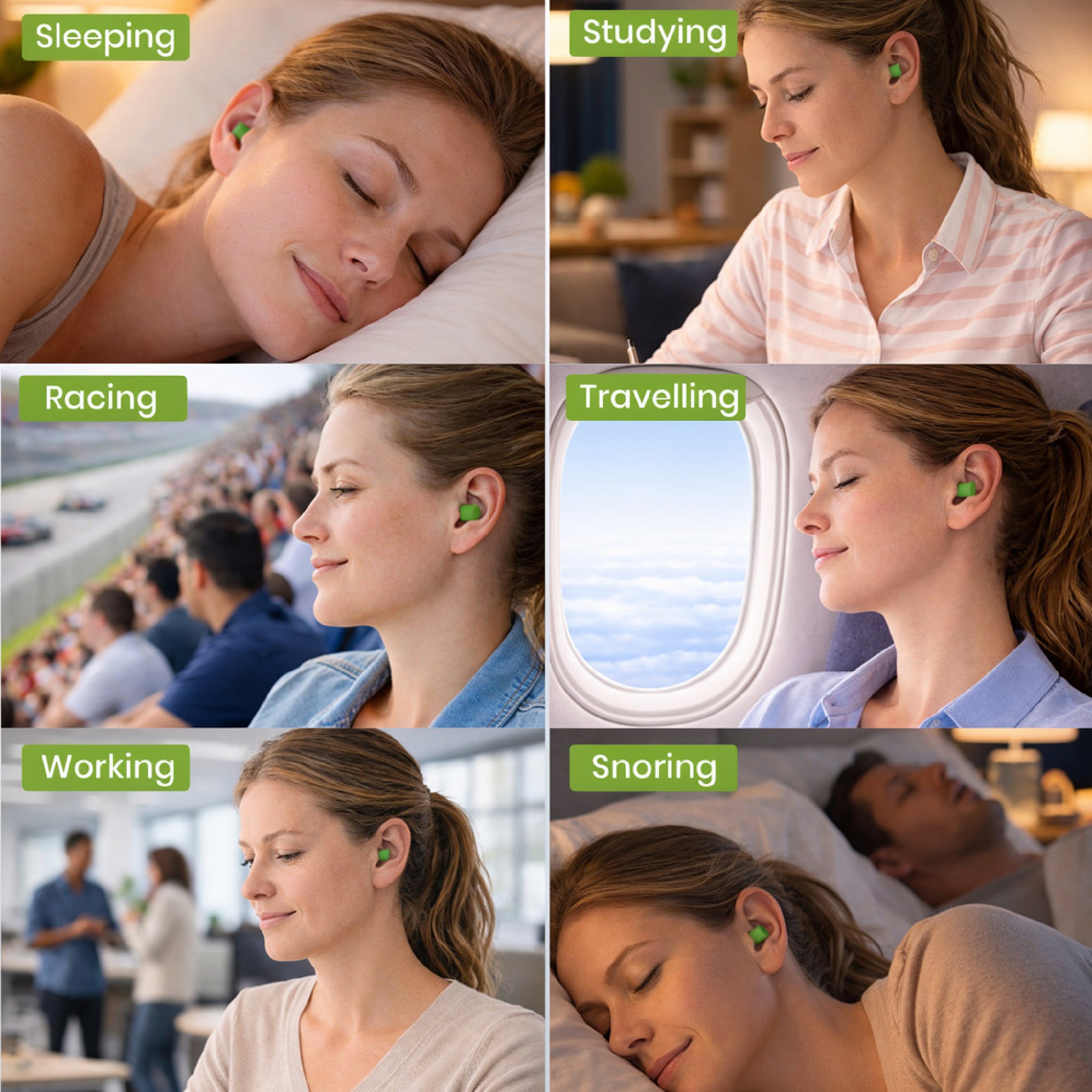 Woman wearing earplugs in various scenarios including sleeping, studying, racing, travelling, working, and snoring.