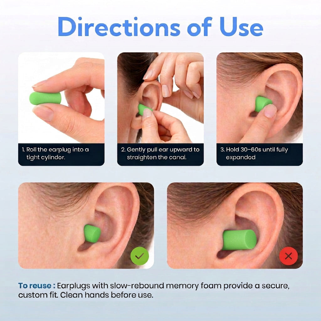 Instructions on how to use foam green earplugs with images and text.