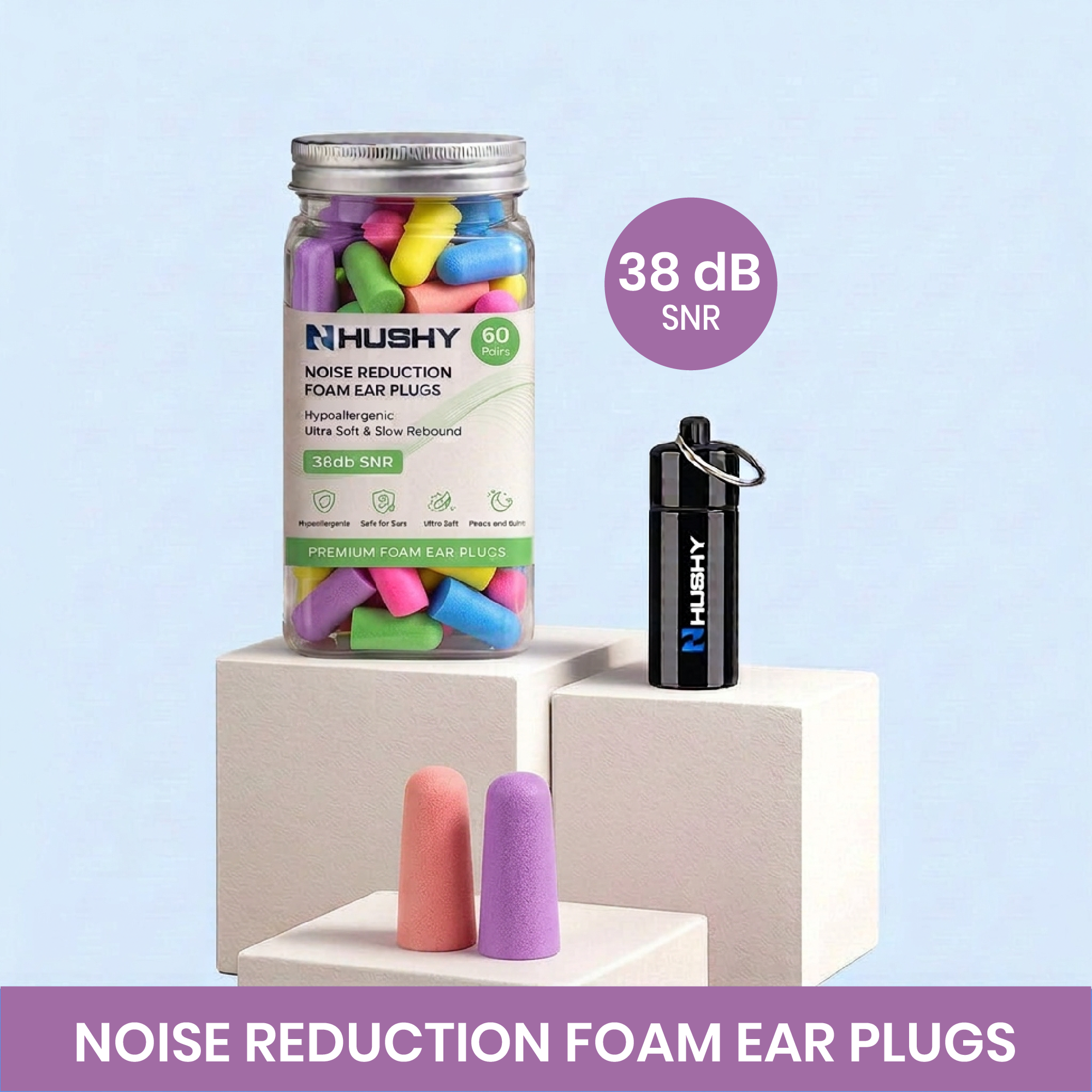Hushy noise reduction foam ear plugs with packaging and ear plugs on a multi-color background