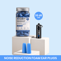 Hushy noise reduction foam ear plugs with packaging and ear plugs on a light blue background