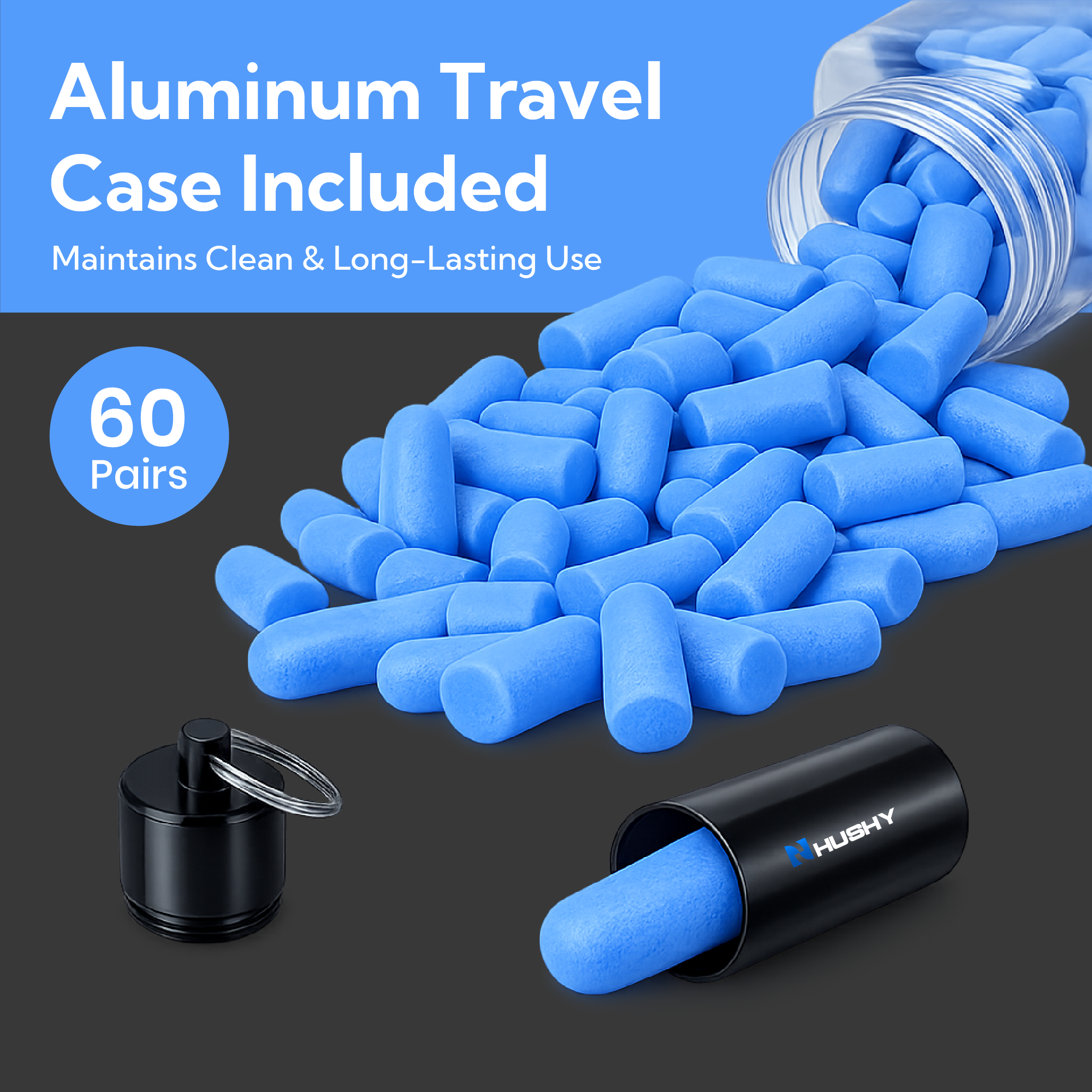 Blue earplugs with a black container and open lid on a dark background, featuring text about an aluminum travel case.