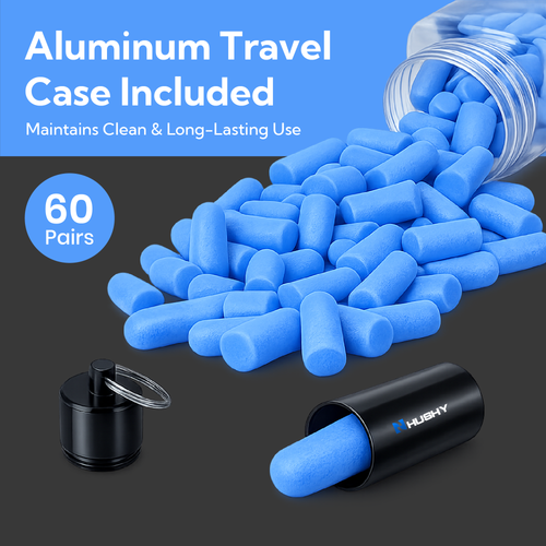 Blue earplugs with a black container and open lid on a dark background, featuring text about an aluminum travel case.