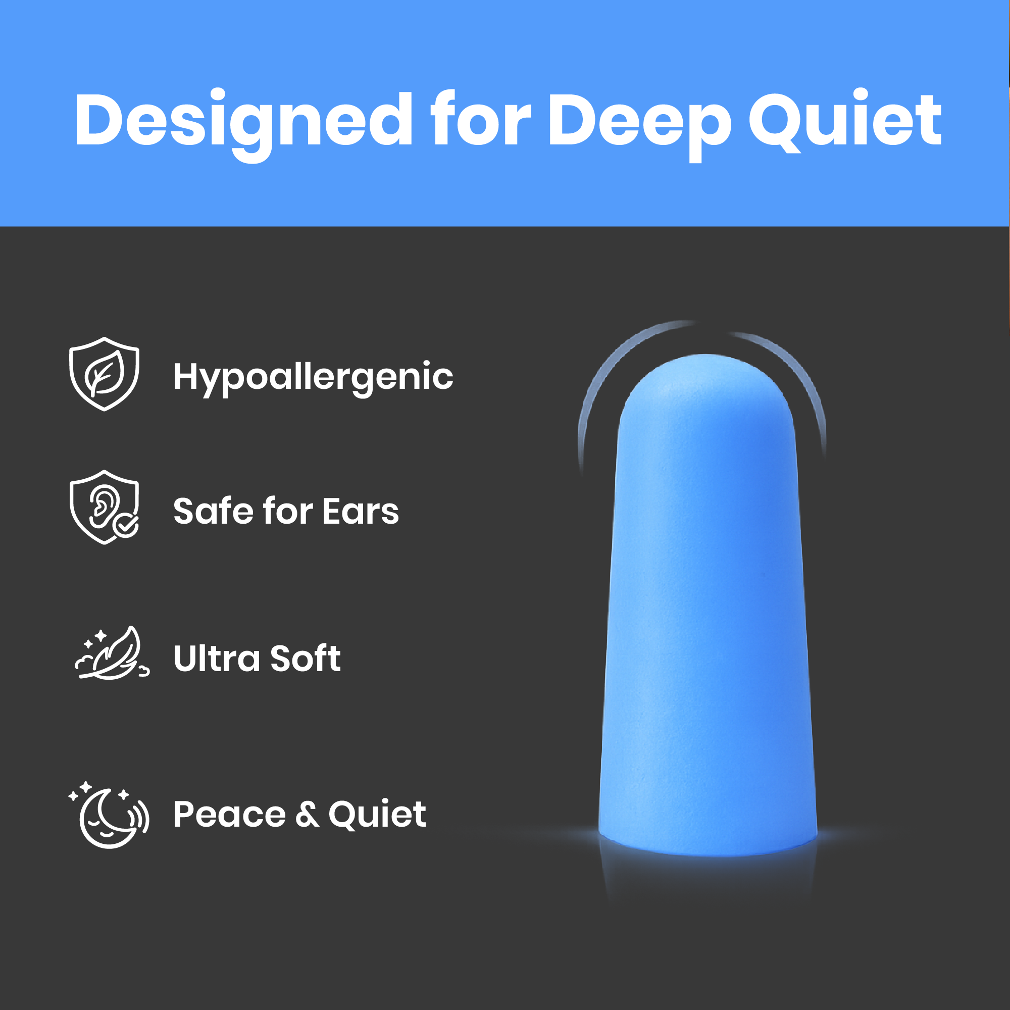 Blue earplug with features listed on a dark background