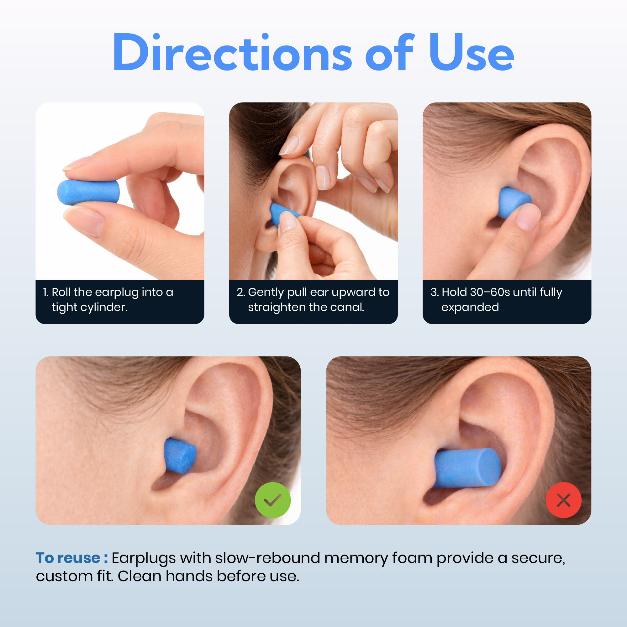 Step-by-step guide on how to use earplugs with illustrations and text.