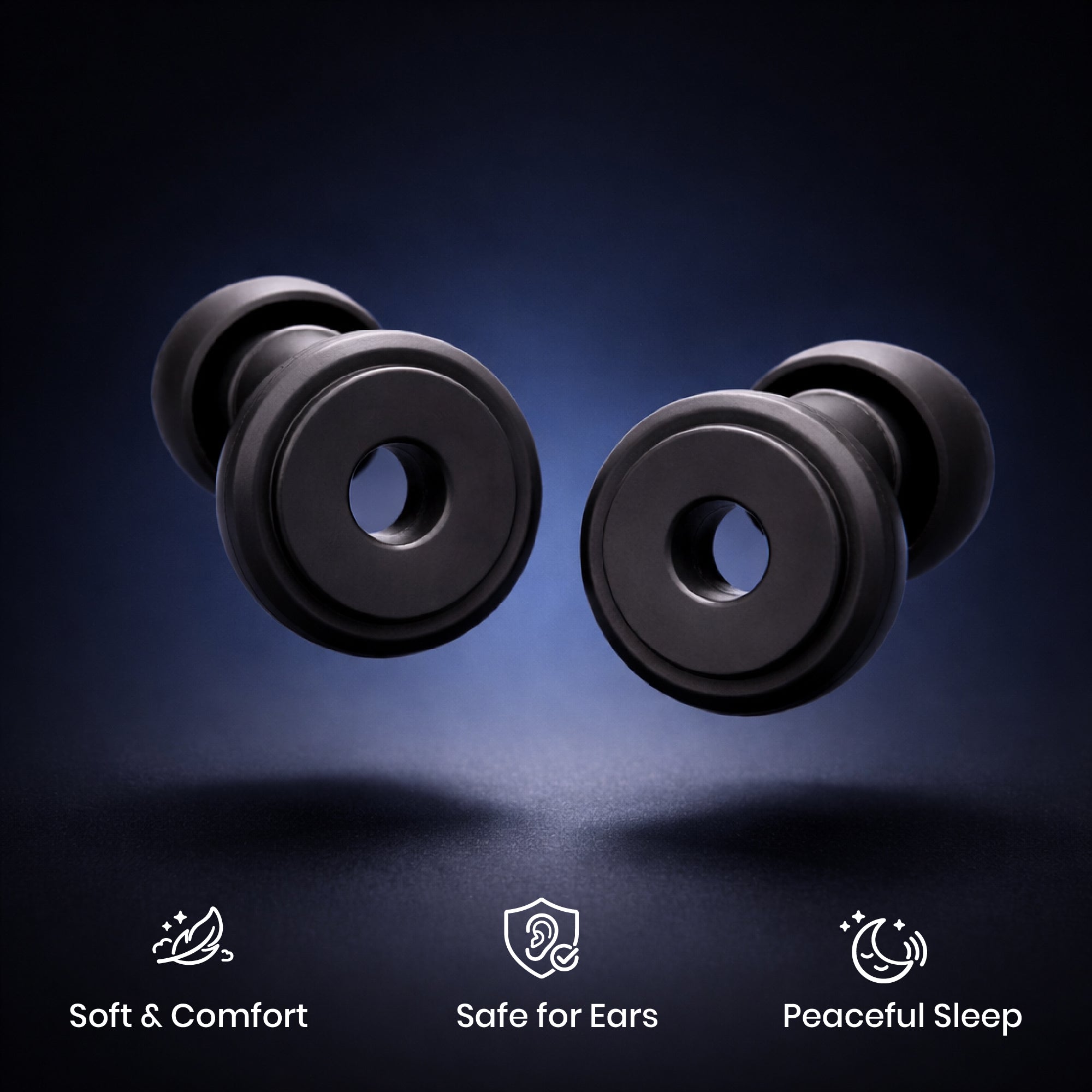 Black earplugs on a dark background with features highlighted.
