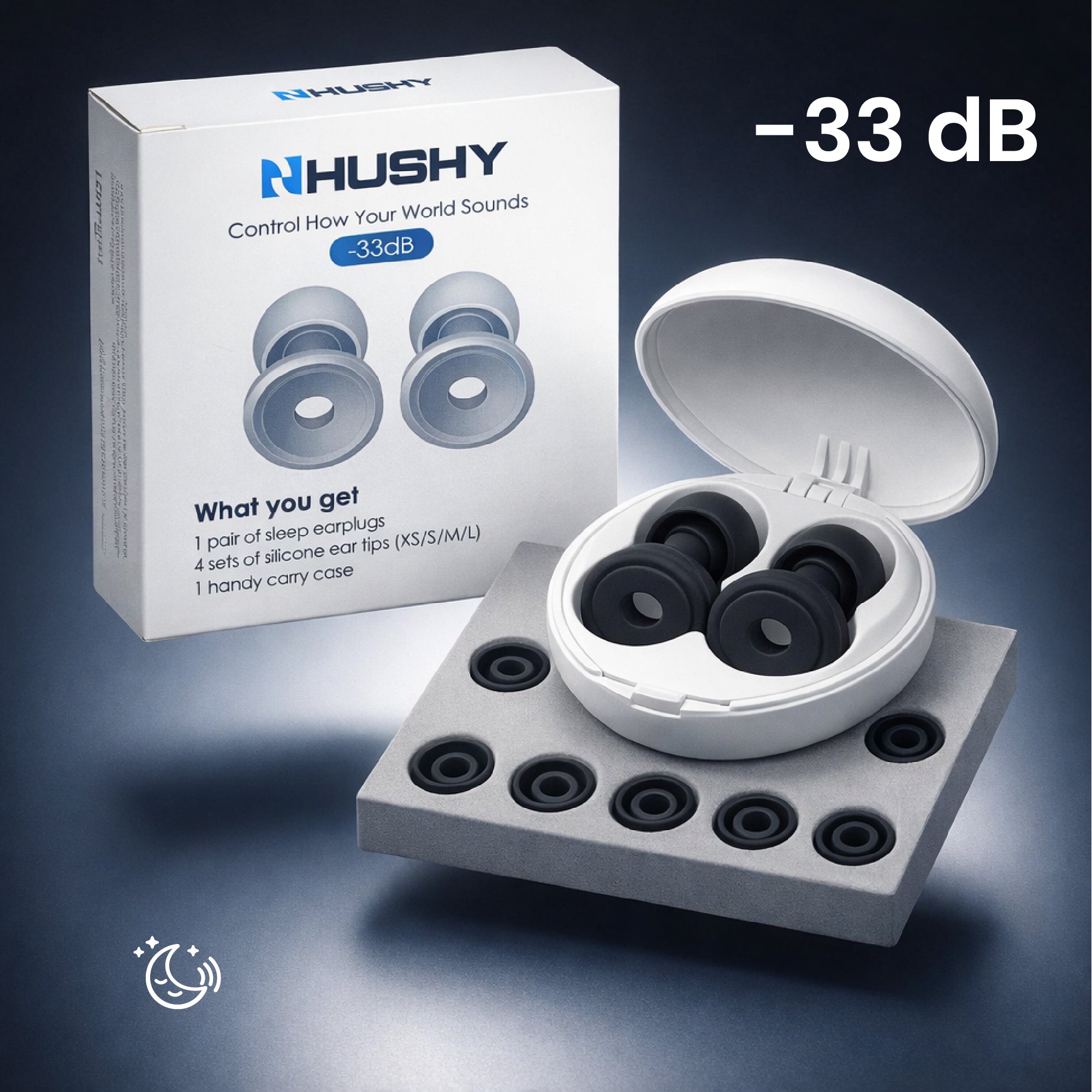HUSHY earplugs packaging with earplugs and accessories on a dark background