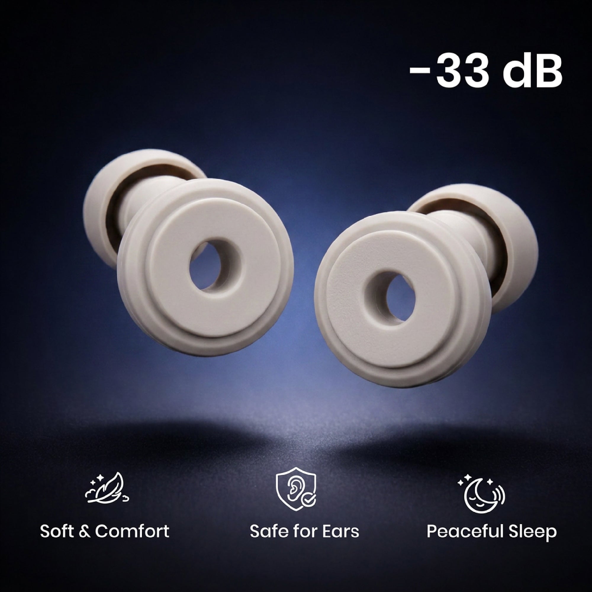 Pair of earplugs with a dark blue background and text indicating decibel level and features.