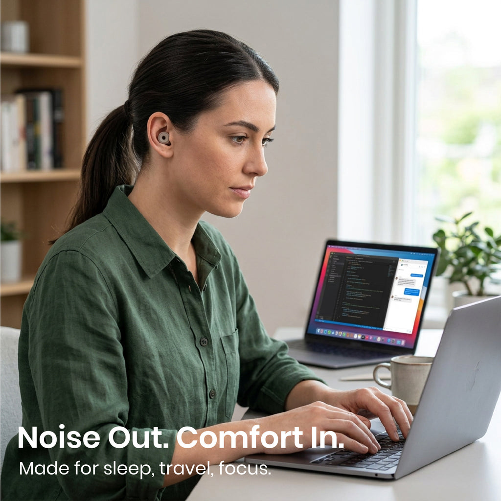 Woman using a laptop with text 'Noise Out. Comfort In.' on a blurred indoor background