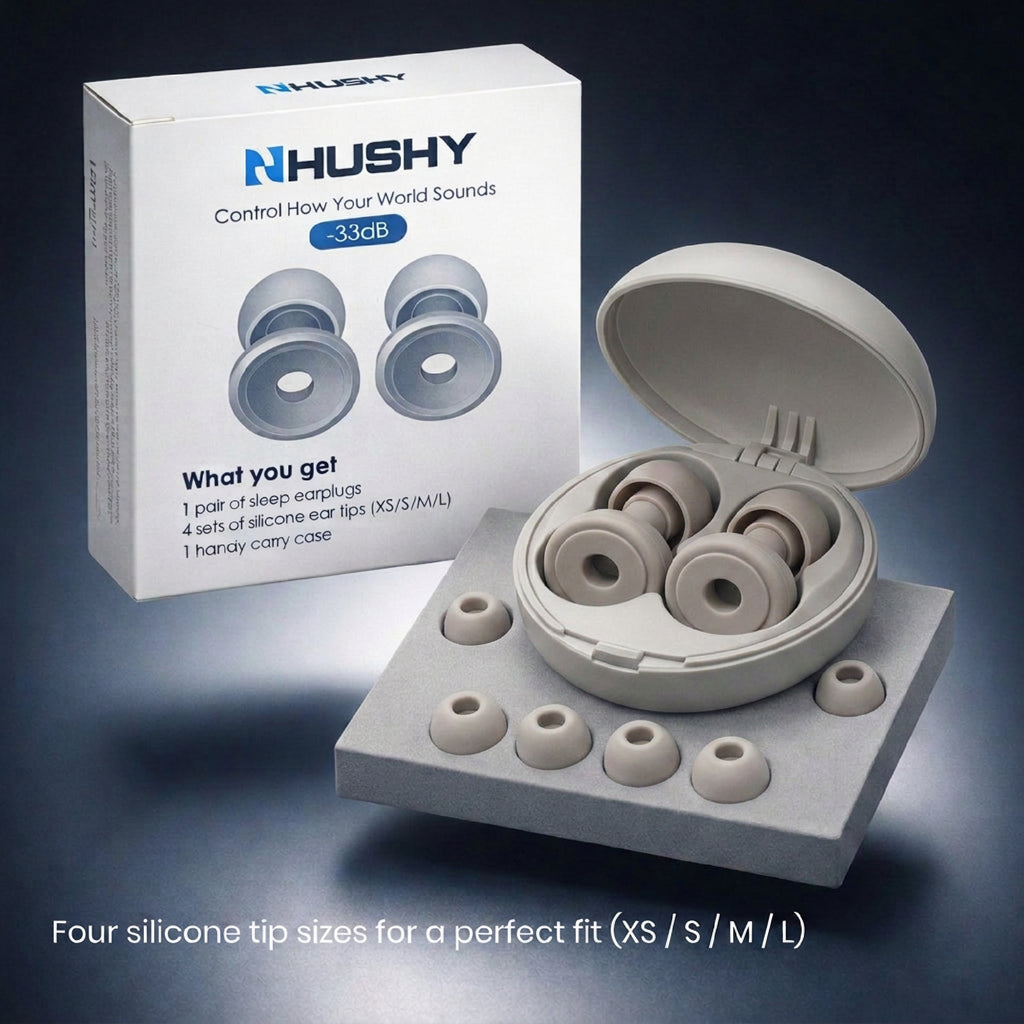 HUSHY earplug packaging with earplugs and accessories on a dark background