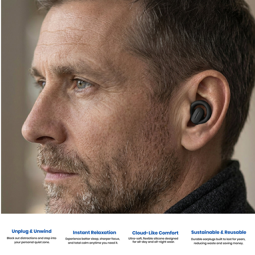 Man wearing a black wireless earbud with product features listed below.