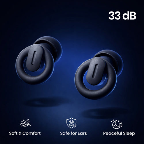 Black earplugs on a dark blue background with text indicating 33 dB, soft & comfort, safe for ears, and peaceful sleep features.