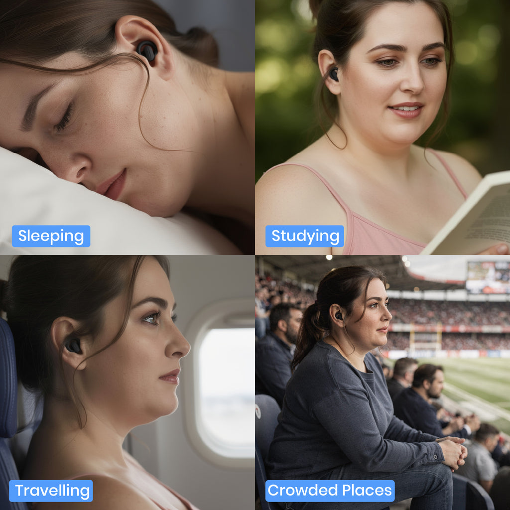 Woman wearing wireless earbuds in various scenarios: sleeping, studying, travelling, and in a crowded place.