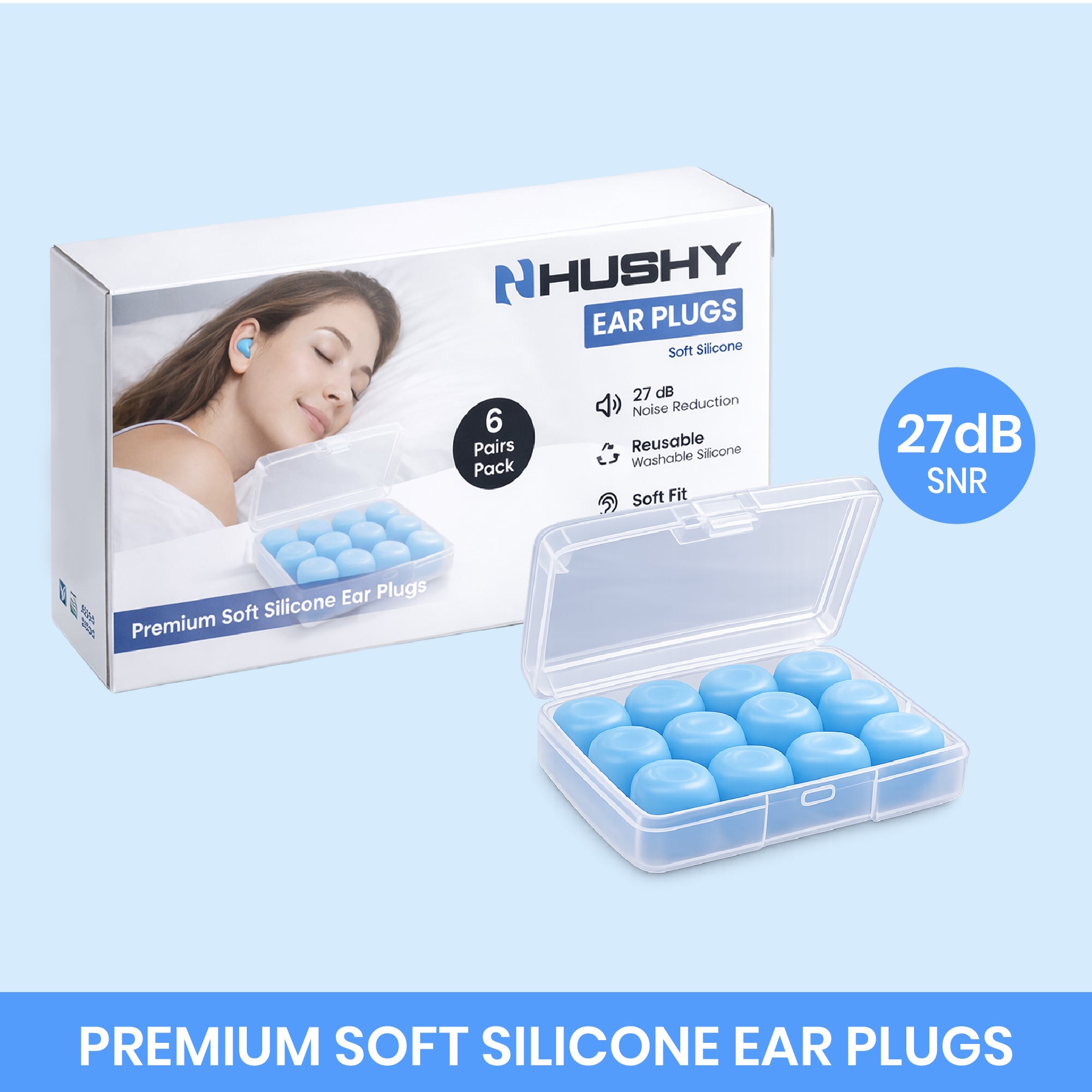 Hushy ear plugs packaging with blue ear plugs in a clear case on a light blue background