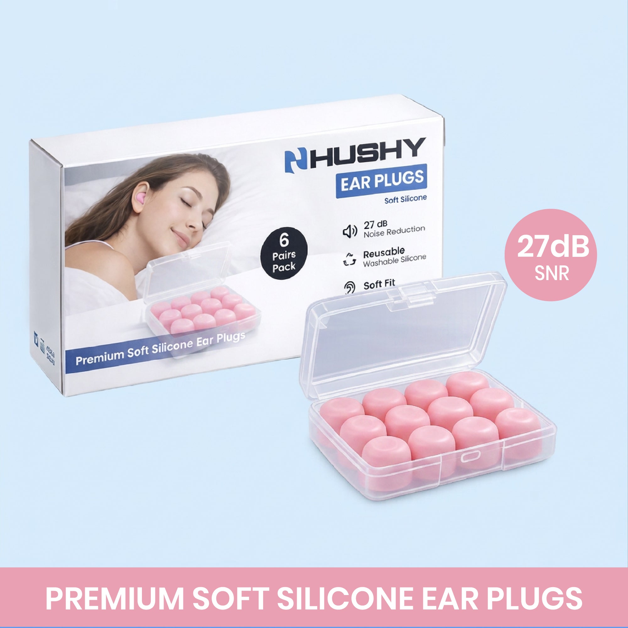Hushy ear plugs packaging with pink ear plugs in a box on a light blue background