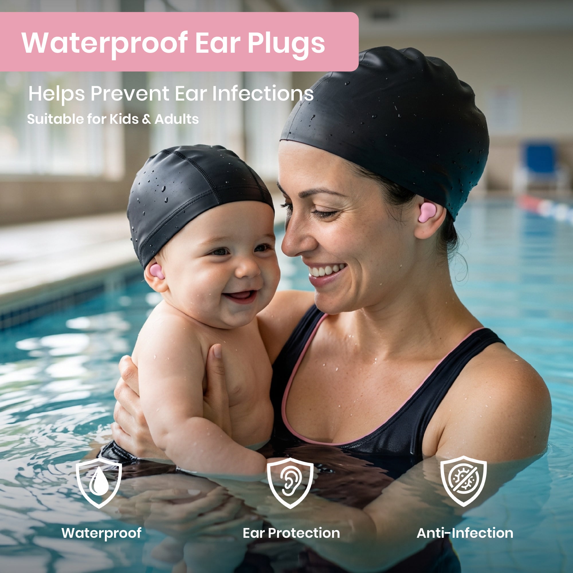 Woman and child in a pool wearing black swim caps, with text about waterproof ear plugs.