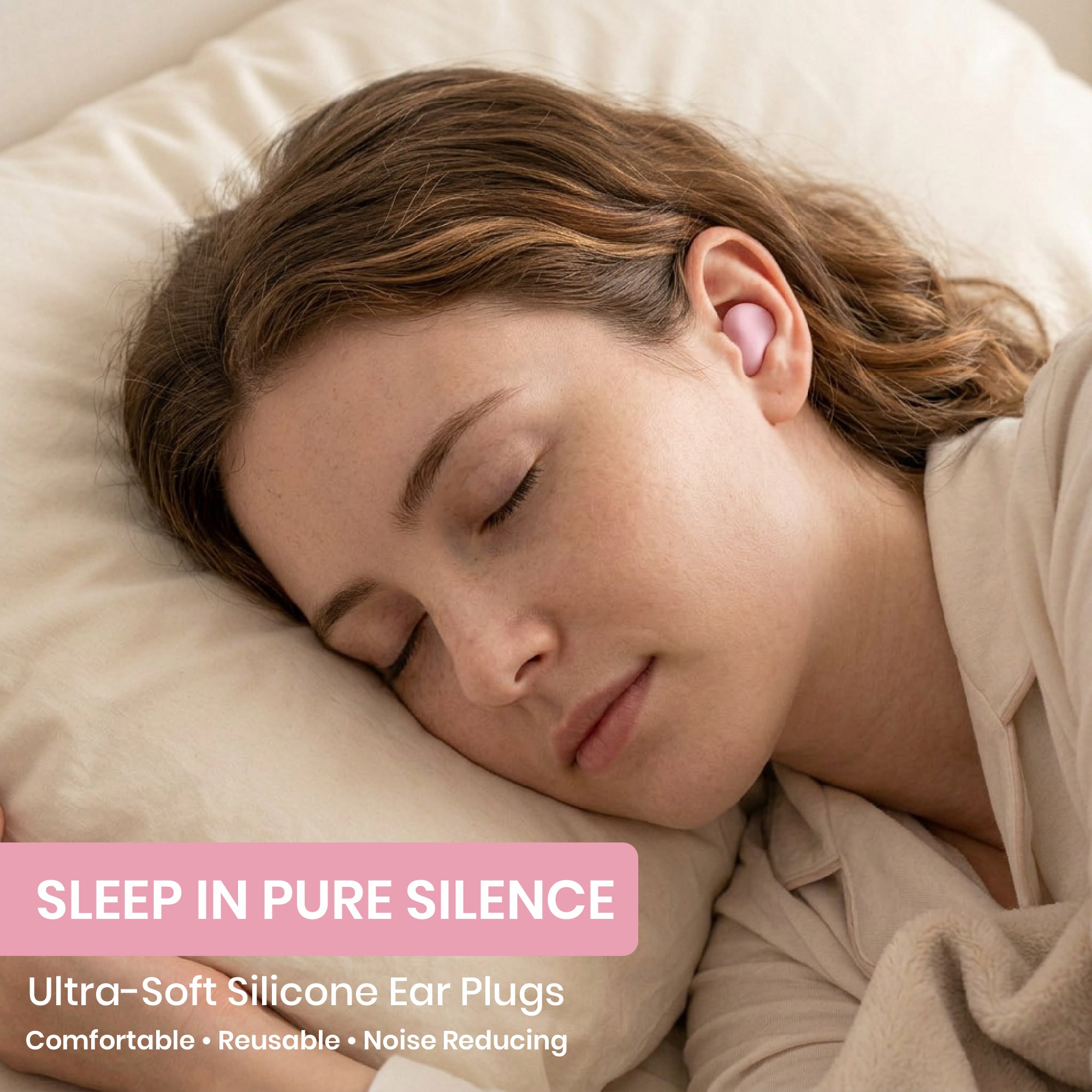 Woman sleeping with earplugs in her ears, text about ultra-soft silicone ear plugs.