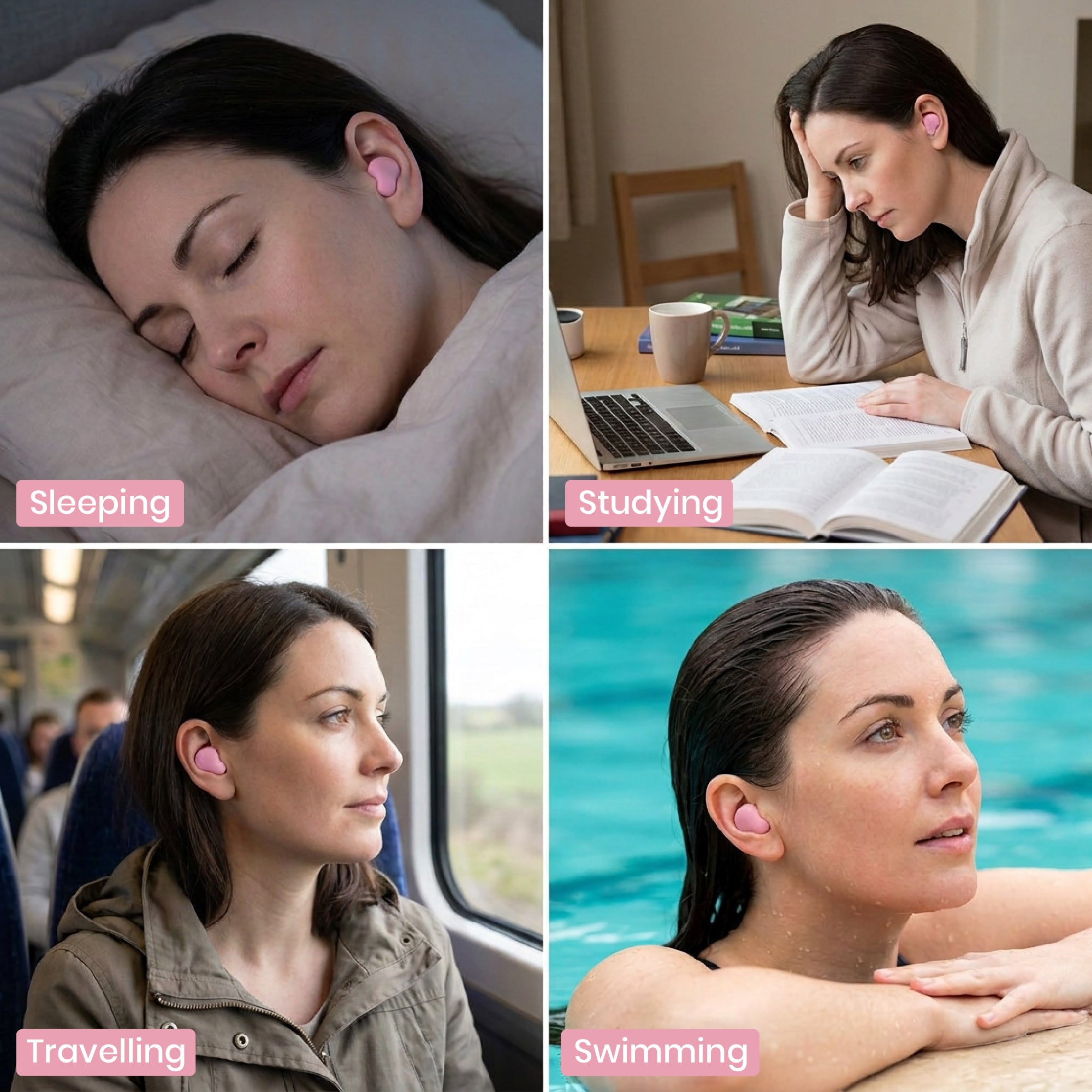 Collage of a woman in different activities: sleeping, studying, travelling, and swimming.
