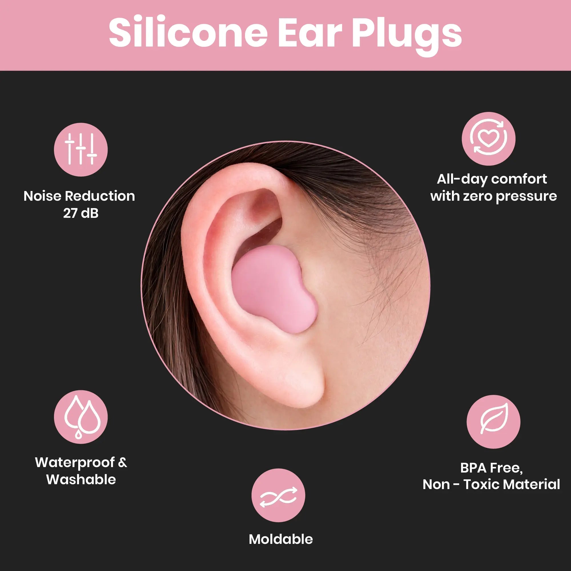Silicon ear plugs with features listed on a black background
