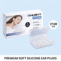 Hushy silicone ear plugs packaging with a clear container on a light blue background