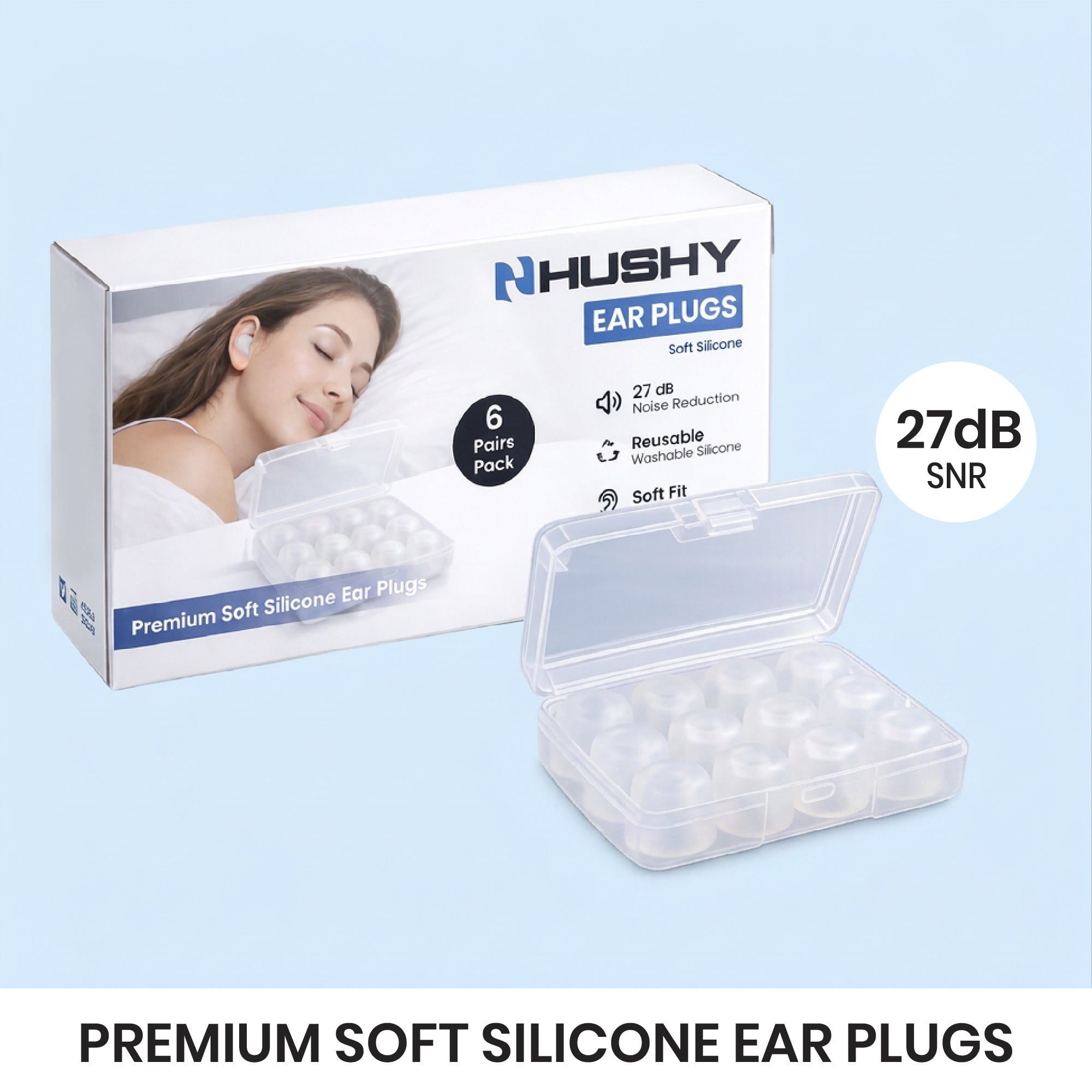 Hushy silicone ear plugs packaging with a clear container on a light blue background