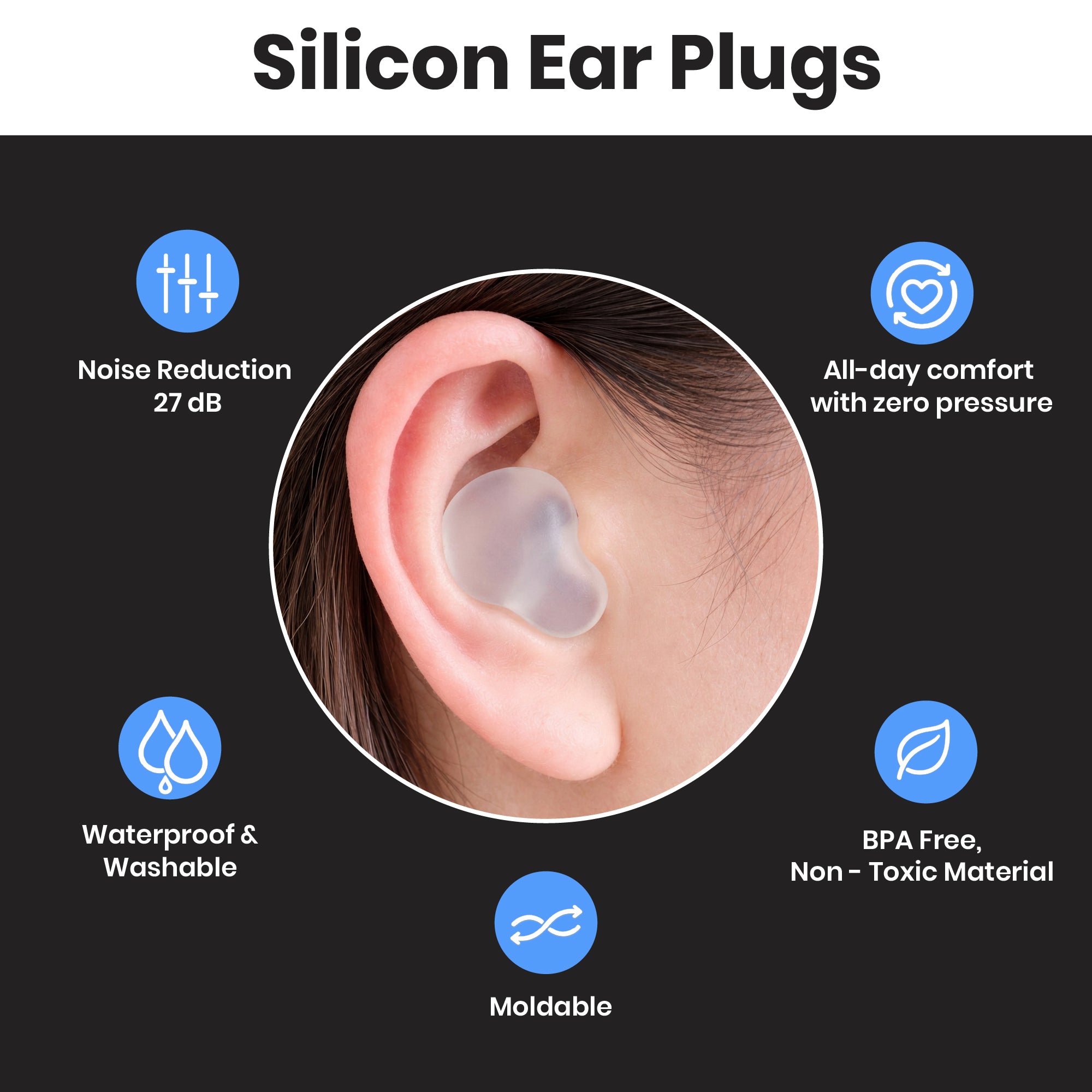 Silicon ear plugs in an ear with features listed on a black background