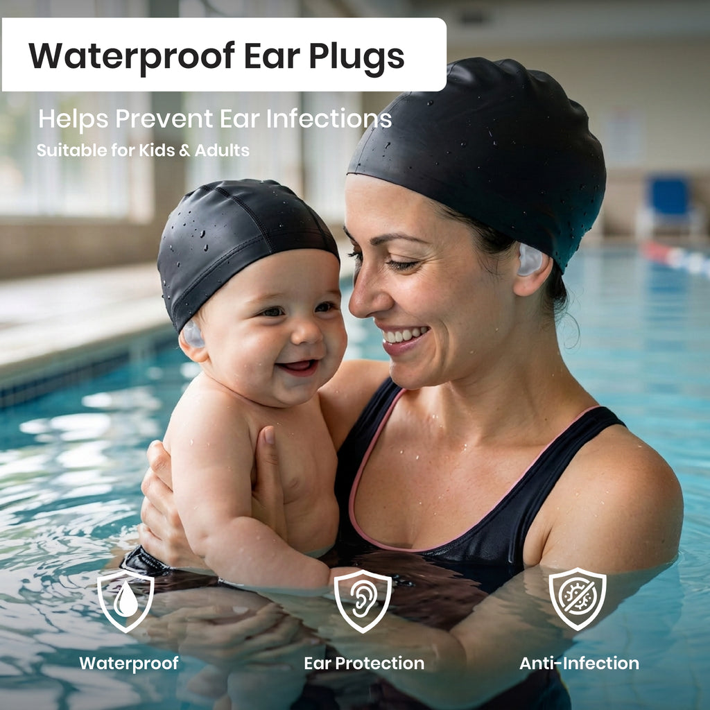 Woman and child in a pool wearing swim caps and waterproof ear plugs.