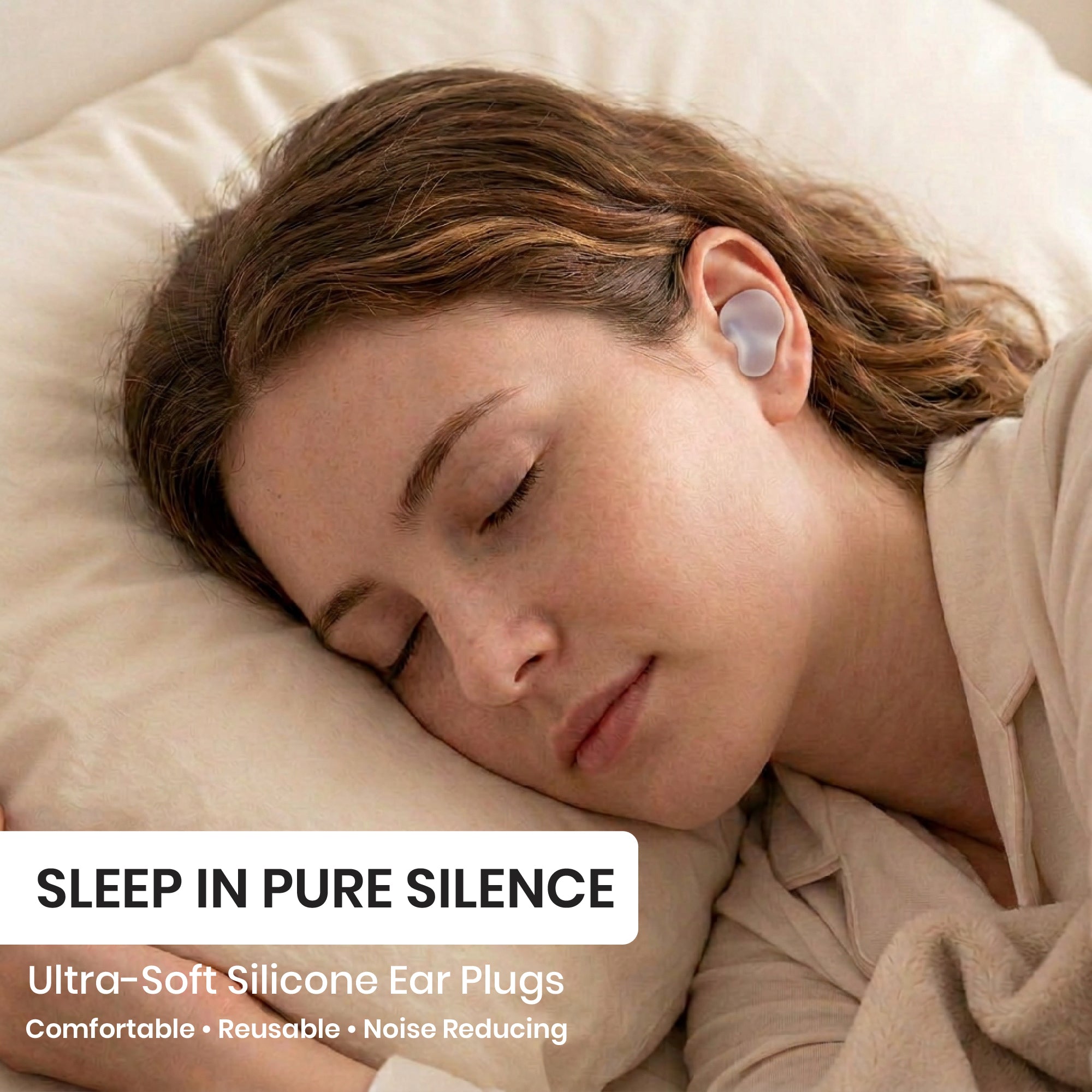 Person sleeping with ultra-soft silicone ear plugs in their ears, on a beige pillow.