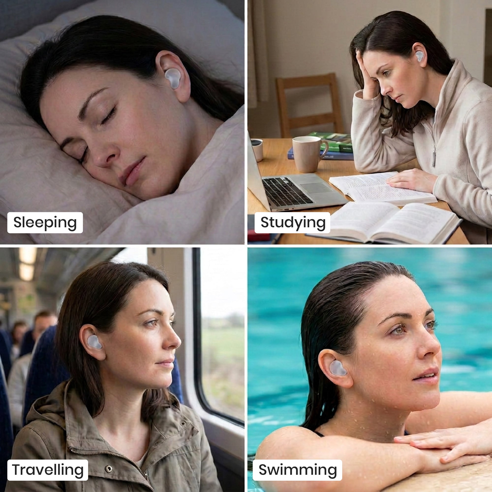 Woman wearing wireless earbuds in various scenarios including sleeping, studying, travelling, and swimming.
