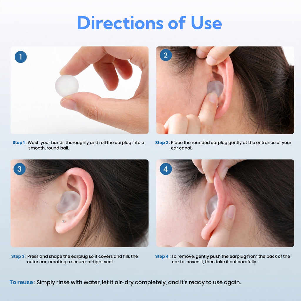 Instructions on how to use earplugs with step-by-step images.