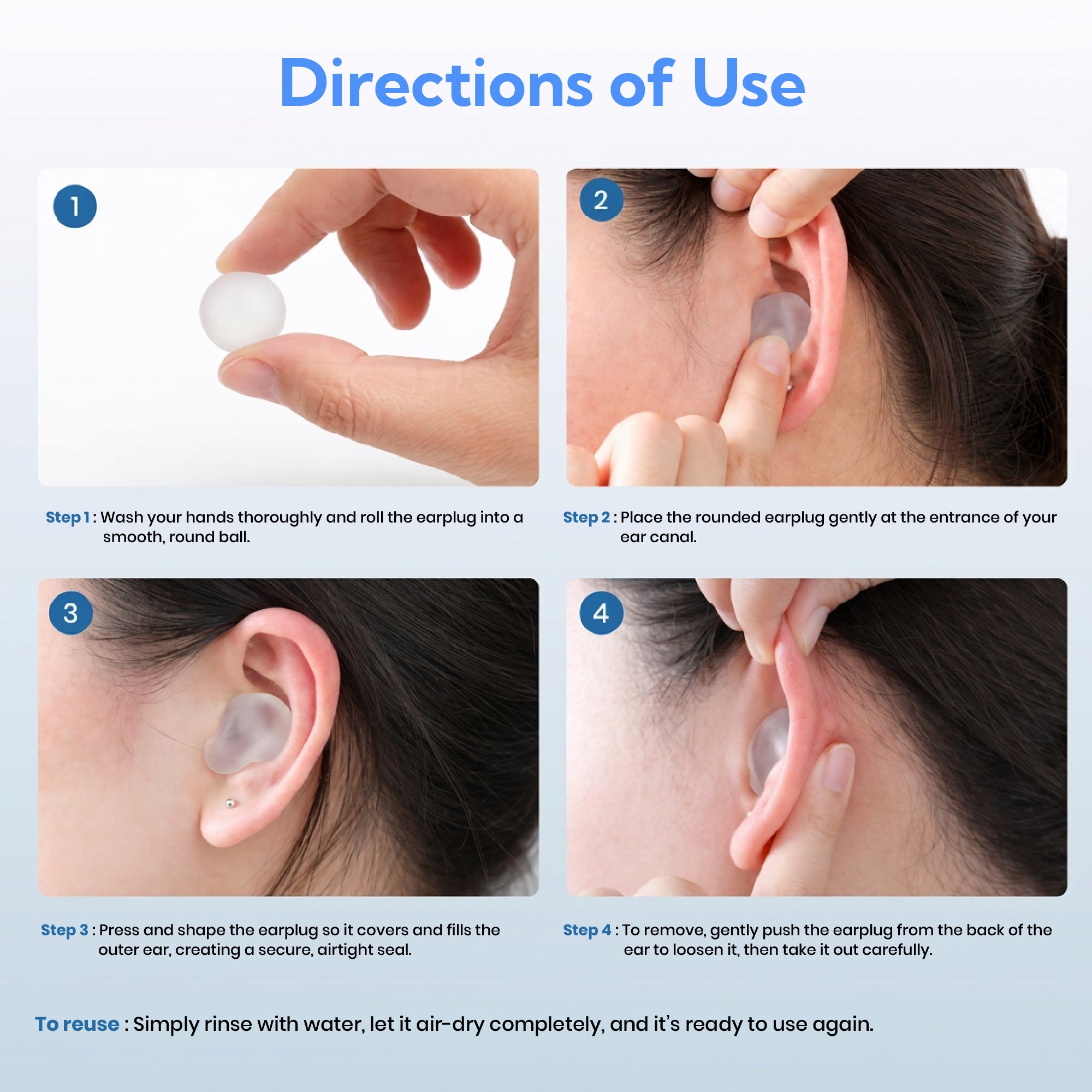 Instructions on how to use earplugs with step-by-step images.