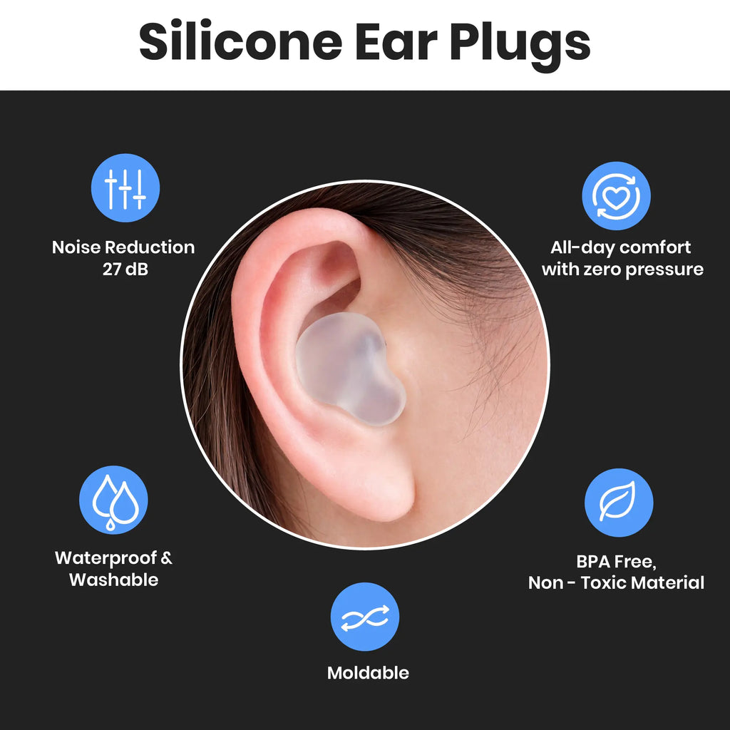 white Silicone ear plugs with features listed on a black background